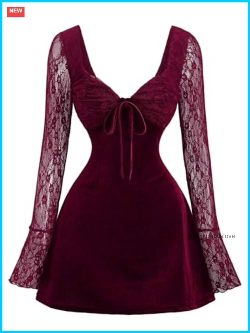 WDIRARA Lace Long Sleeve Velvet Mini Dress Tie Front Sweetheart Party